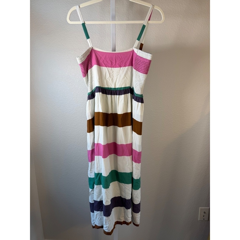 Corey Lynn Calter Anthropologie Striped Midi Dress Multi Smocked Pockets Small - Picture 6 of 9